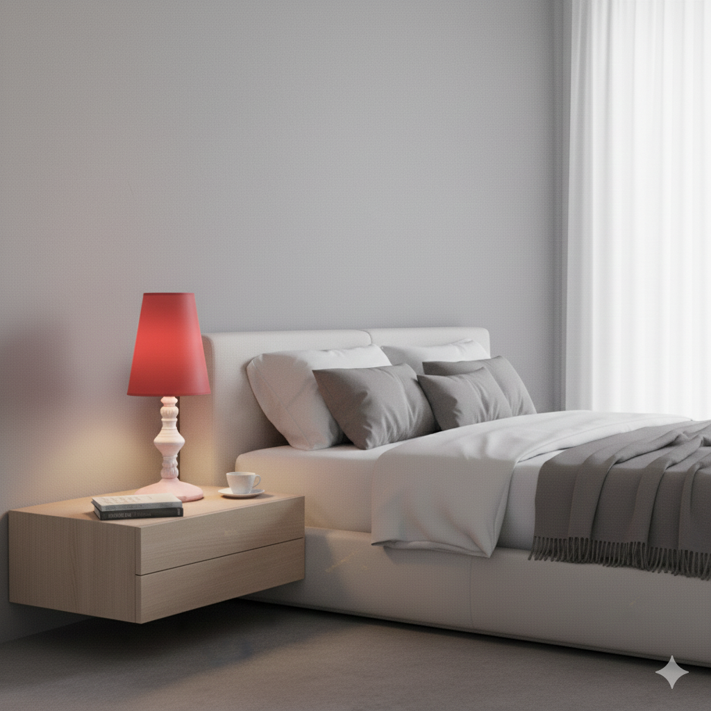 Blush Pink Bedside Table Lamp with Red Fabric Shade