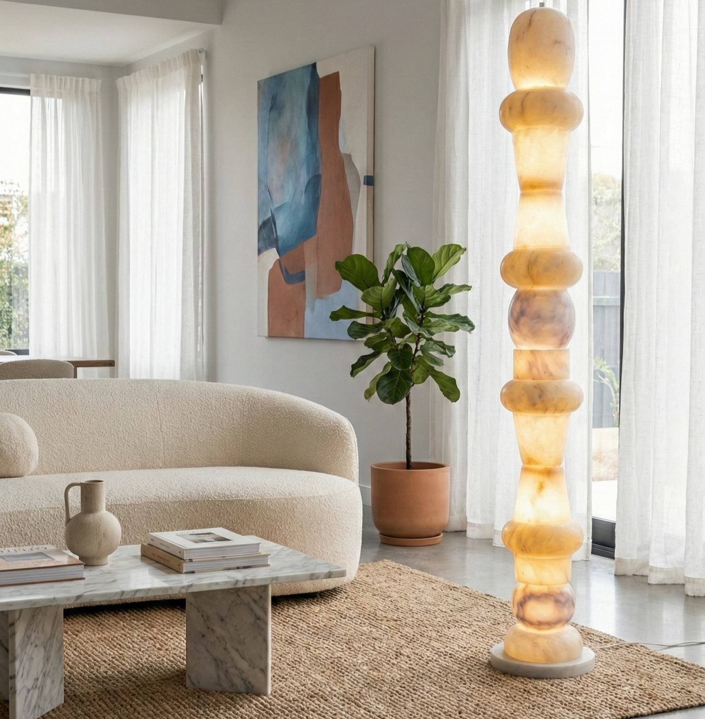 4ft Stacked Onyx Marble Floor Lamp with Translucent Glow - Bliss and Birch