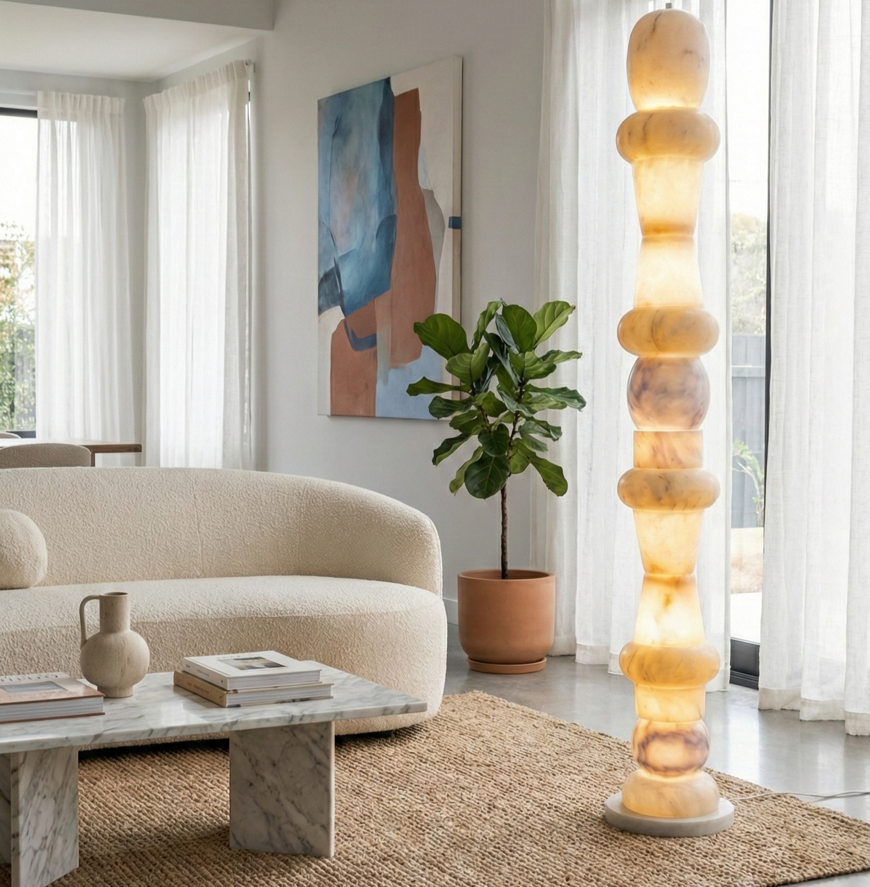 4ft Stacked Onyx Marble Floor Lamp with Translucent Glow - Bliss and Birch