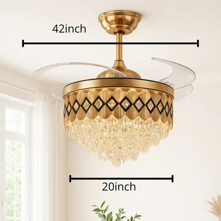 Crown Jewel Crystal Chandelier Fan – Black & Gold Luxury