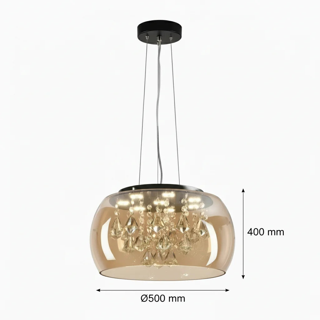 Amber Glaze Royal Pendant – Tinted Glass Dome & Sparkling Crystals