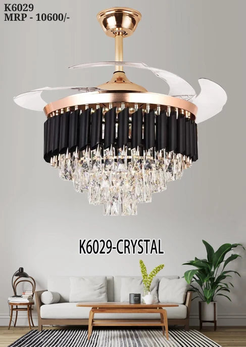 B&B Black Mamba Crystal Ceiling Fan with LED Chandelier Light – Retractable Blades, Luxury Design