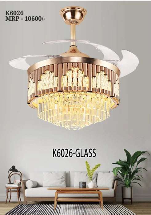B&B Glass Crystal Ceiling Fan with LED Light – Retractable Blades