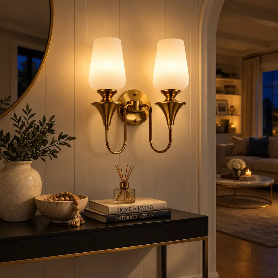 Evening 2700K warm ambient glow view of fixture illuminated