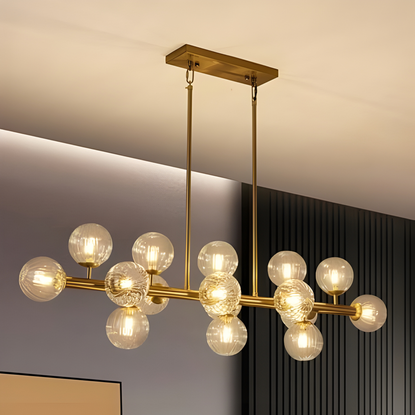 Stellar Rail Modern Pendant – Golden Rod & Glass Globes