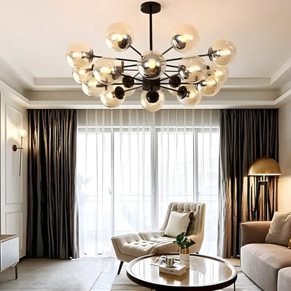 Smoked Glass sixteen-light Sputnik chandelier in a living room