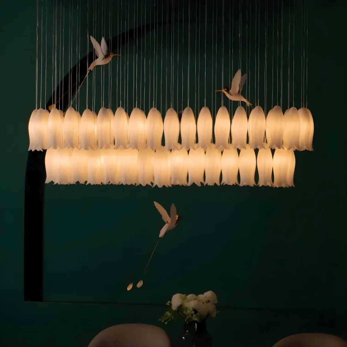 Blooming Buds Linear Chandelier – Ceramic Flowers & Brass Bar