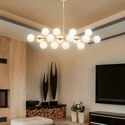 Opulent Glow sixteen-globe linear chandelier in a modern living room