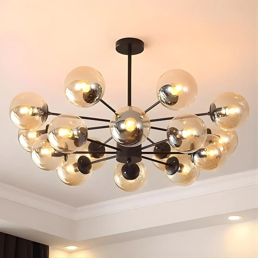 Smoked Glass sixteen-light Sputnik chandelier installed view