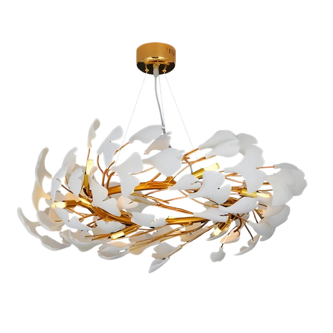 Gingko Leaf Ceramic Chandelier- White & Gold