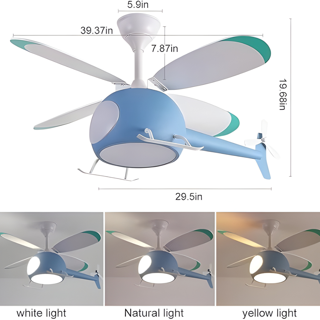 Creative Helicopter LED Ceiling Fan Light for Kids with Remote