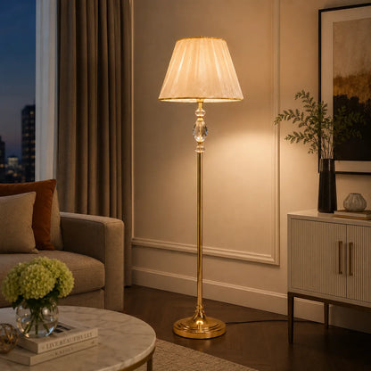 Crystal Ellipse Floor Lamp – Faceted Crystal Body with Antique Gold Brass Pole & Organza Pleated Shade