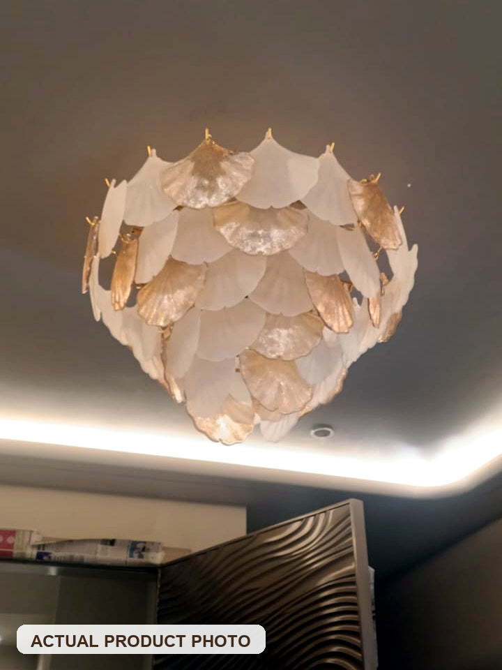 Actual Product Photo – White and gold petal chandelier in a customer home