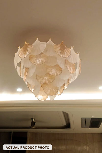 Actual Product Photo – Golden Leaf Petal Chandelier installed close to the ceiling – labelled