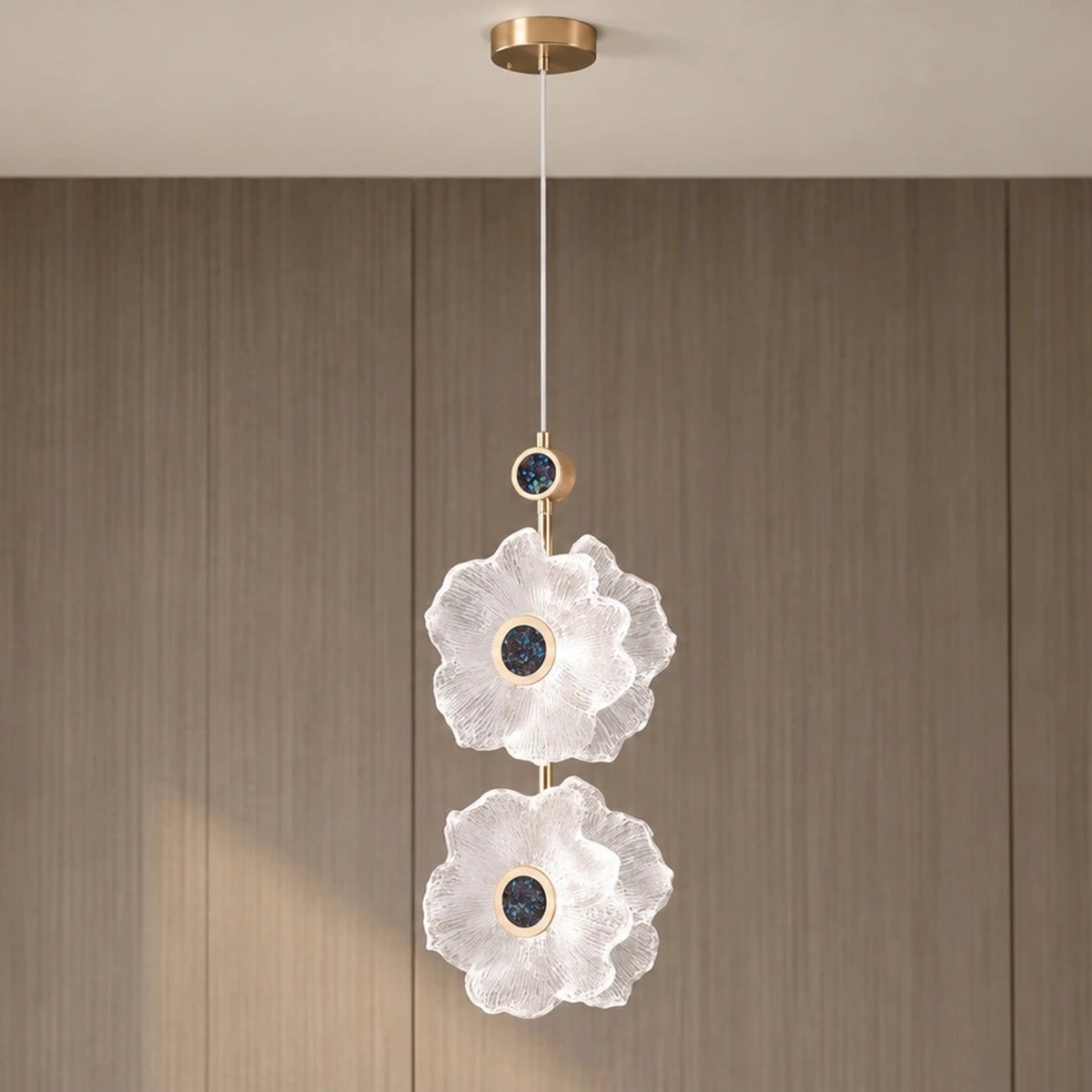 Celestia two-form floral glass pendant alternate illuminated view