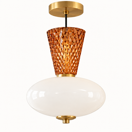 Amber faceted glass and oval opal pendant with gold-tone details