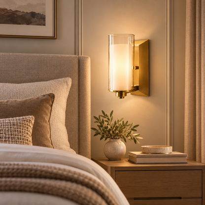 Aurora layered cylinder wall light beside an upholstered bed