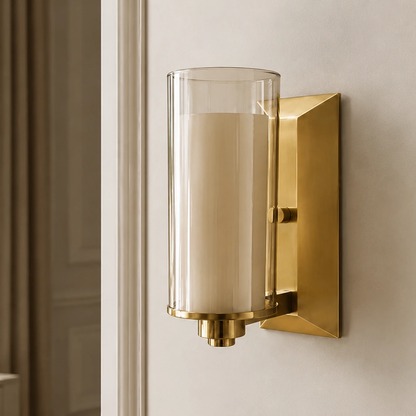 Aurora layered cylinder wall light shown unlit in a neutral interior