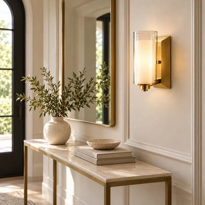 Aurora layered cylinder wall light above an entry console