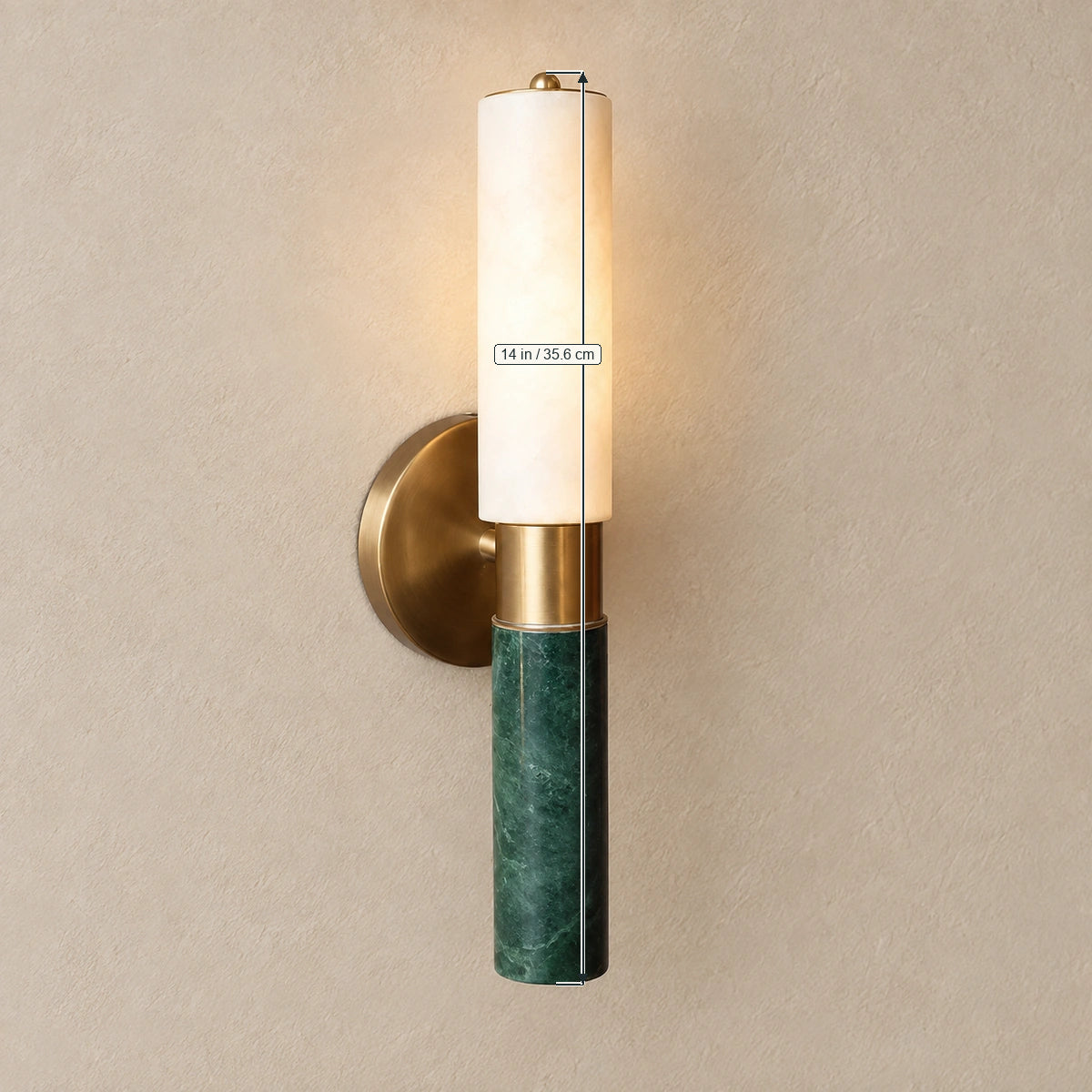 Axis wall lamp in white translucent stone and green stone with generated 14 in / 35.6 cm overall length annotation