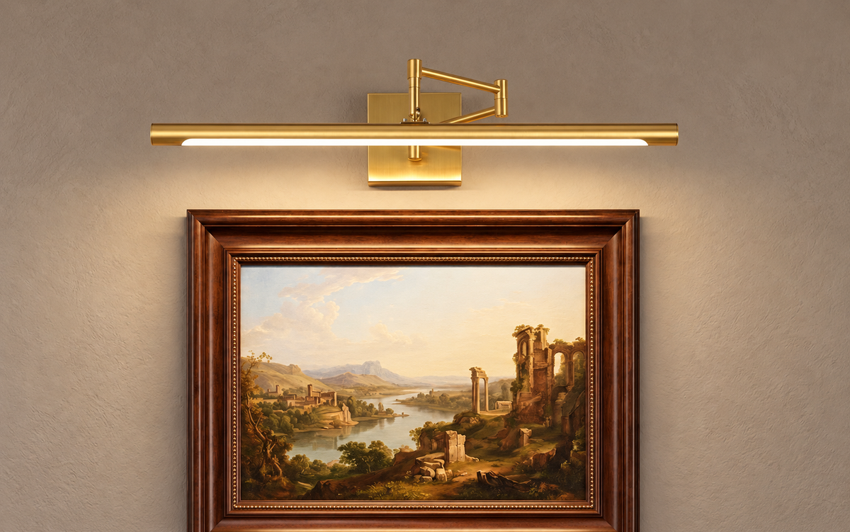 Gold picture light above artwork — illustrative source-based scene