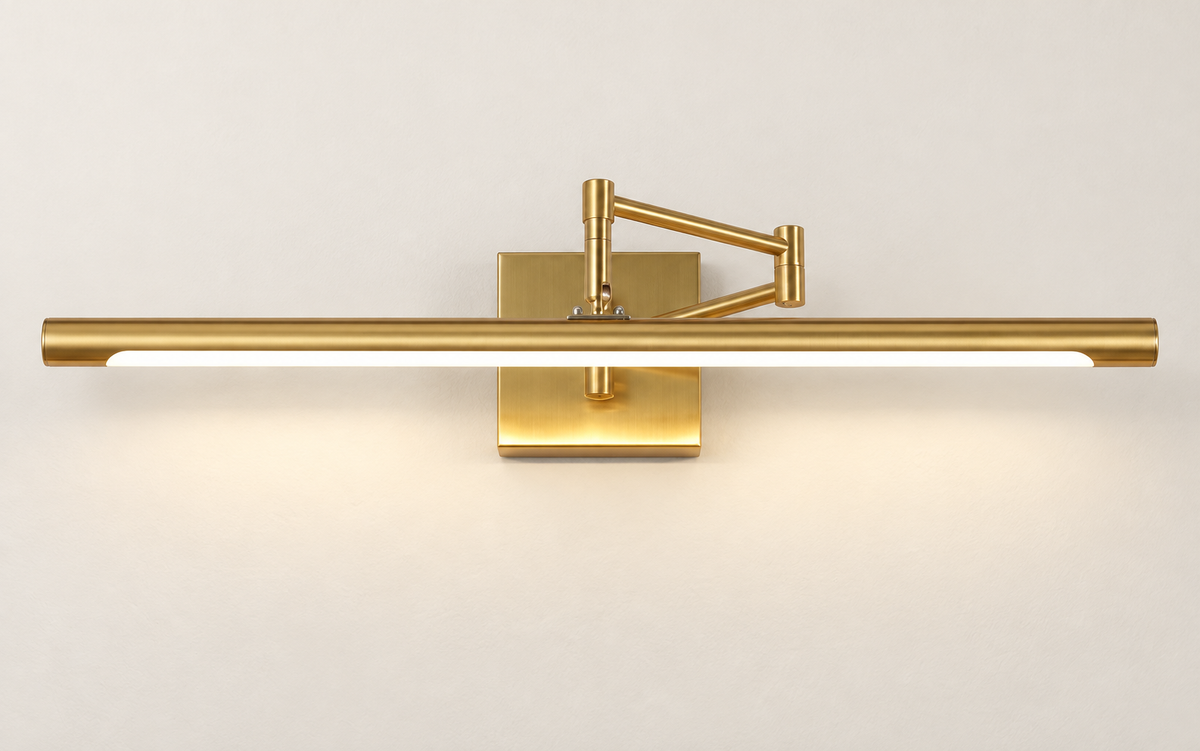 Gold picture light with source-matched open-V bracket — edited product image