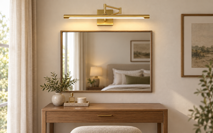 Gold open-V bracket light above a dressing mirror — illustrative scene