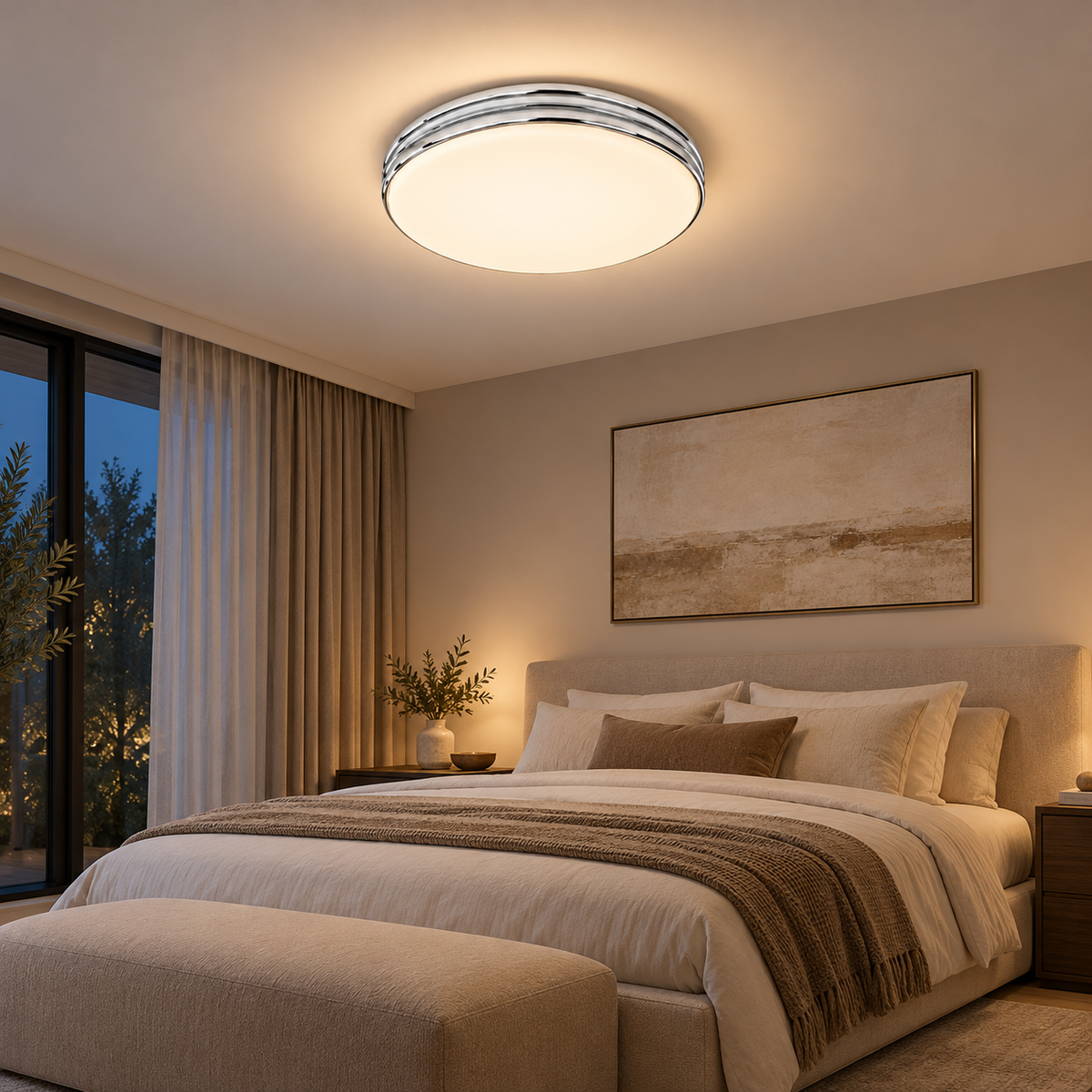 3052M-RD chrome-ring flush ceiling light illuminated in a contemporary bedroom