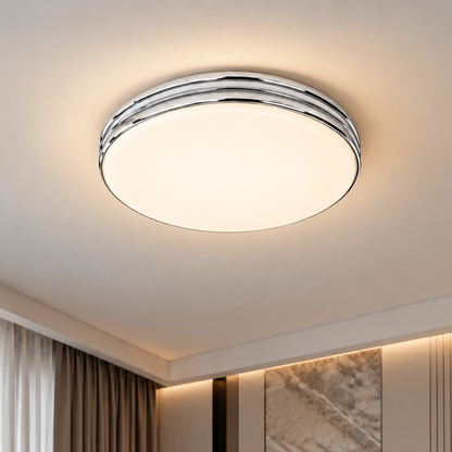 3052M-RD chrome-ring flush ceiling light illuminated in a modern living room