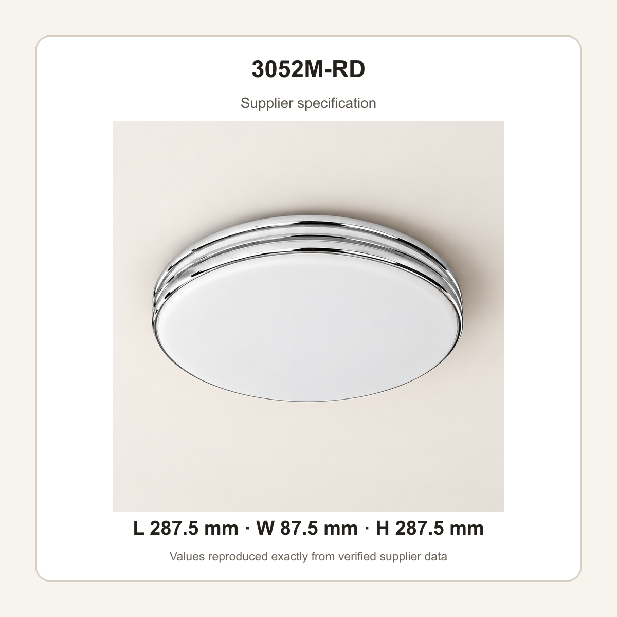 3052M-RD supplier specification card with verified L W H values