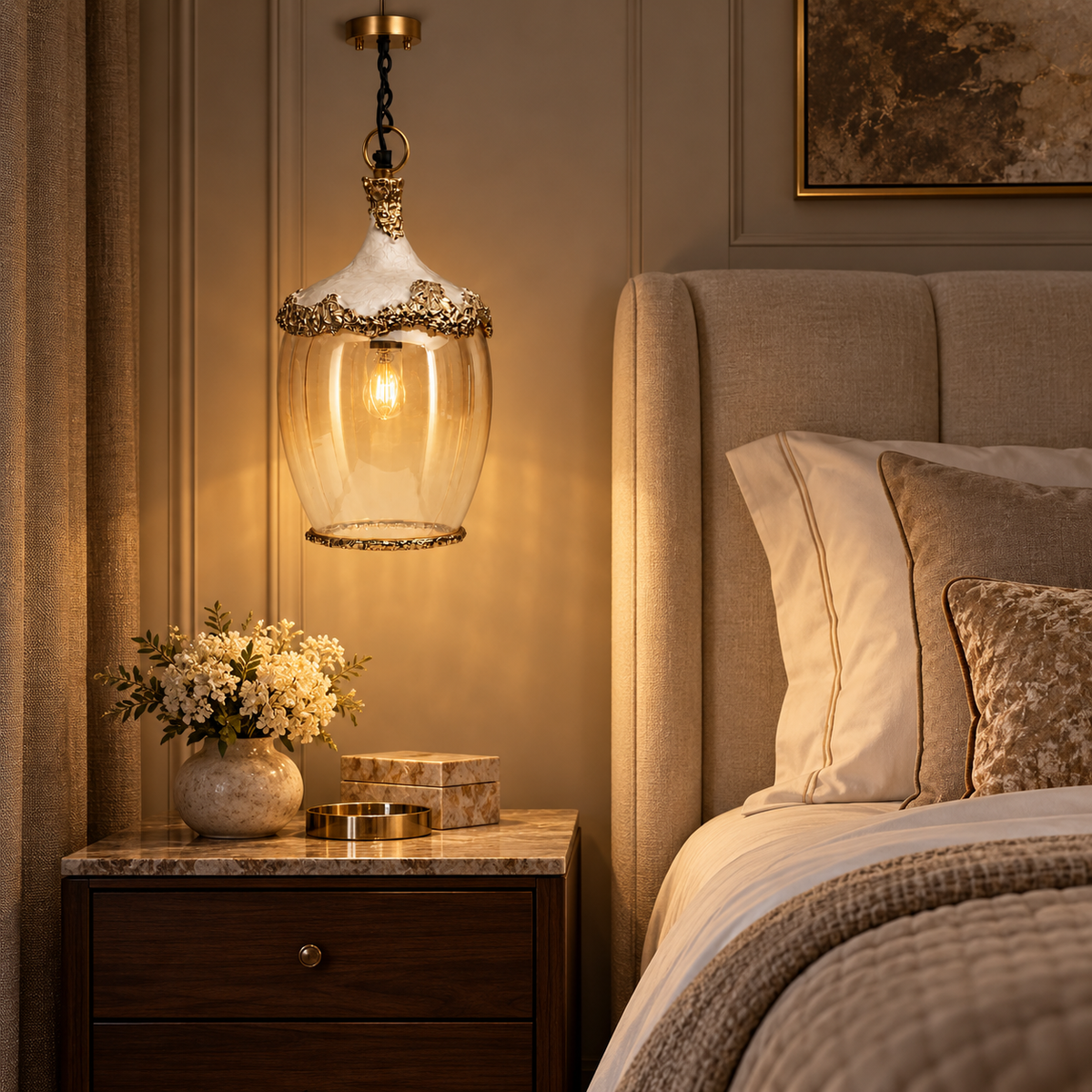 922003 amber glass pendant illuminated beside a refined bed