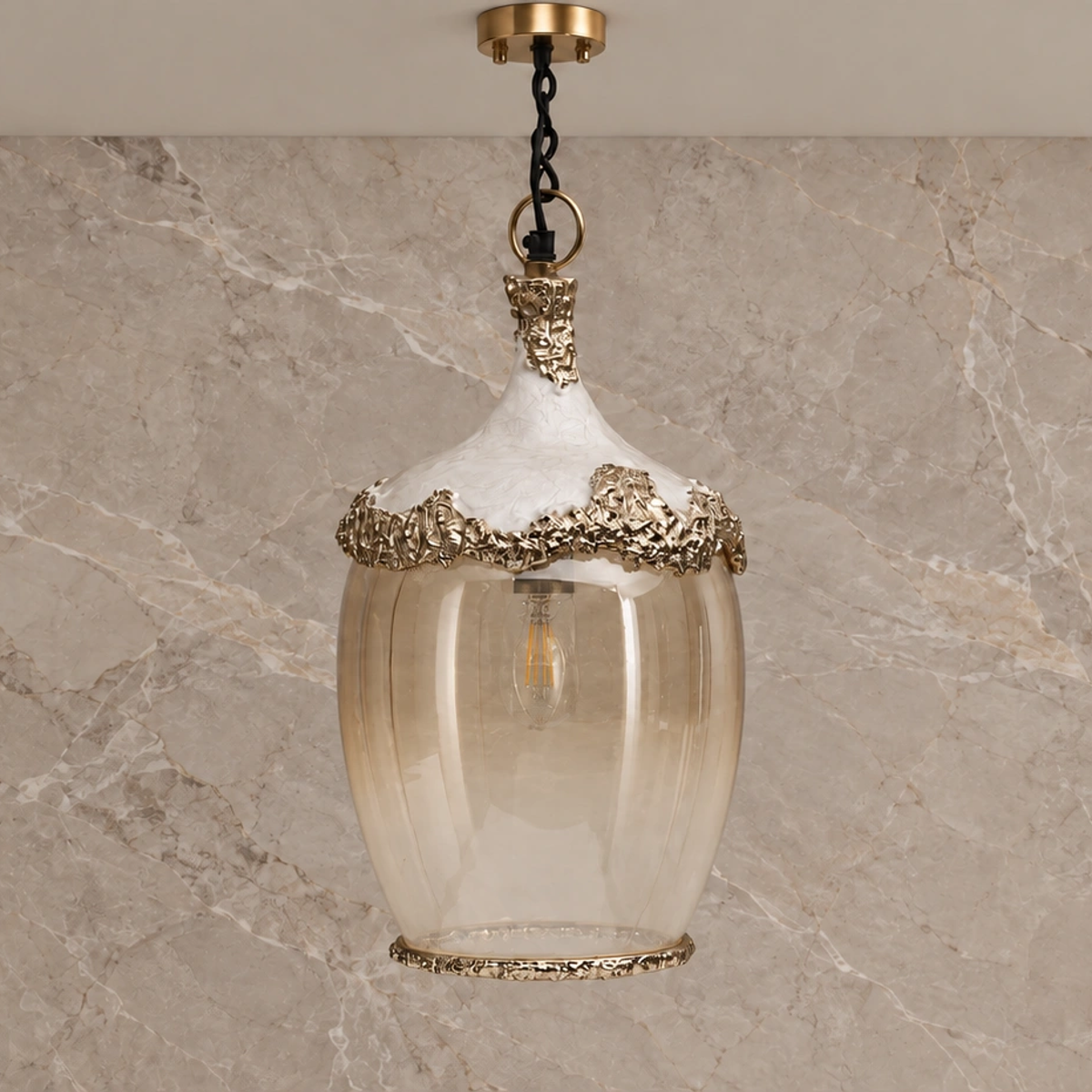 Ornate amber glass single pendant with textured white and antique-gold detailing