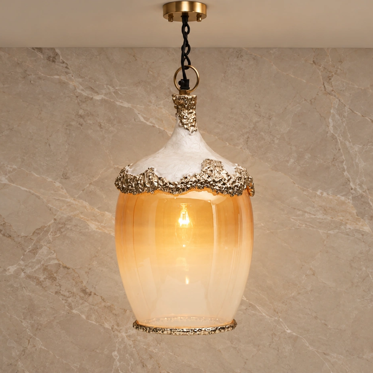 Illuminated 922003 pendant showing its single bulb and amber ribbed glass
