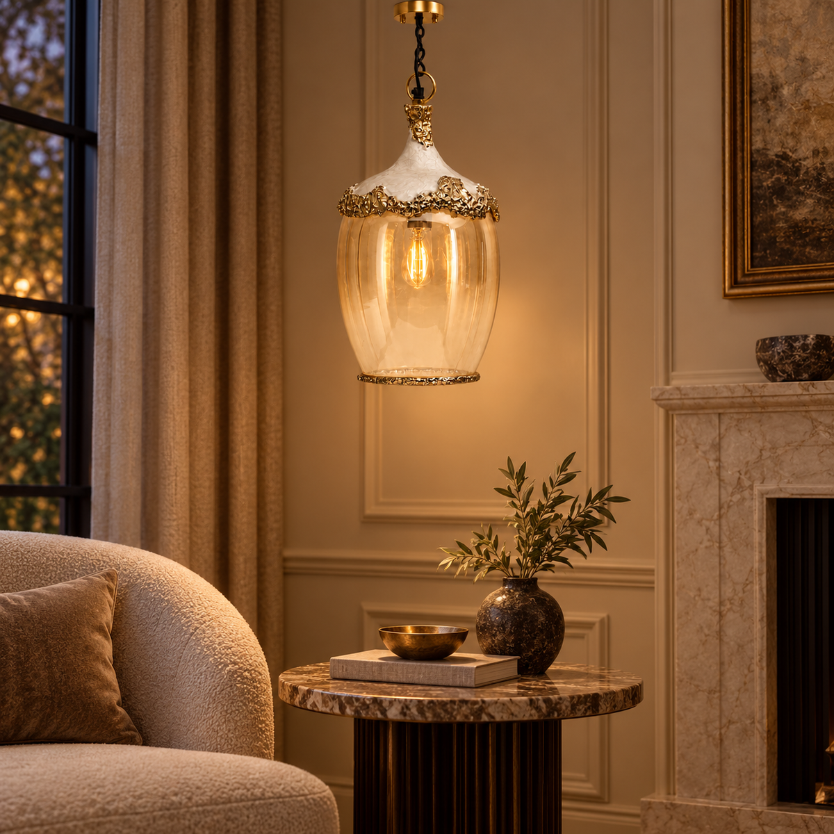 922003 amber glass pendant illuminated in an elegant living-room corner