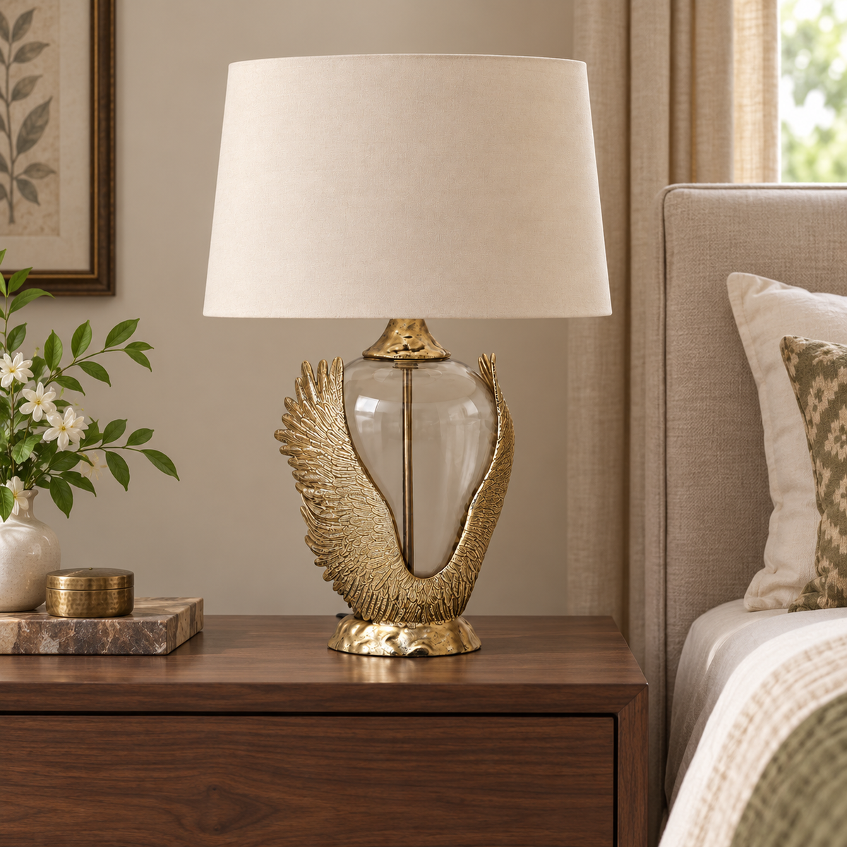 Generated bedroom view of the wing-design table lamp