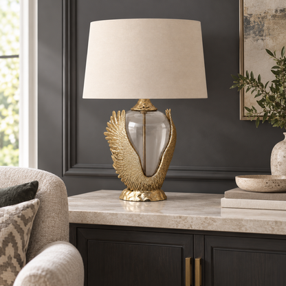 Generated living-room view of the wing-design table lamp