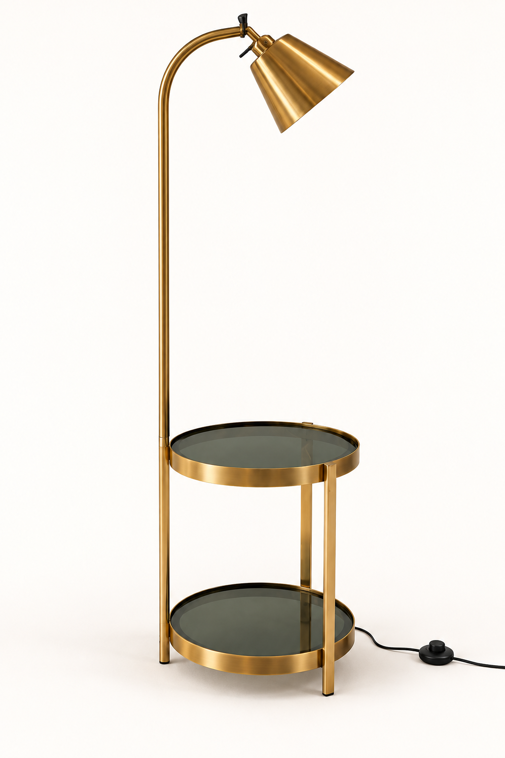 Gold floor lamp with two-tier smoked glass side table
