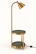 Gold floor lamp with two-tier smoked glass side table