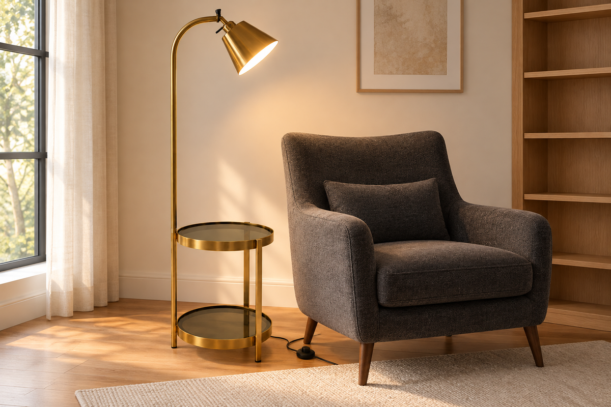 Gold floor lamp and two-tier table beside a reading armchair