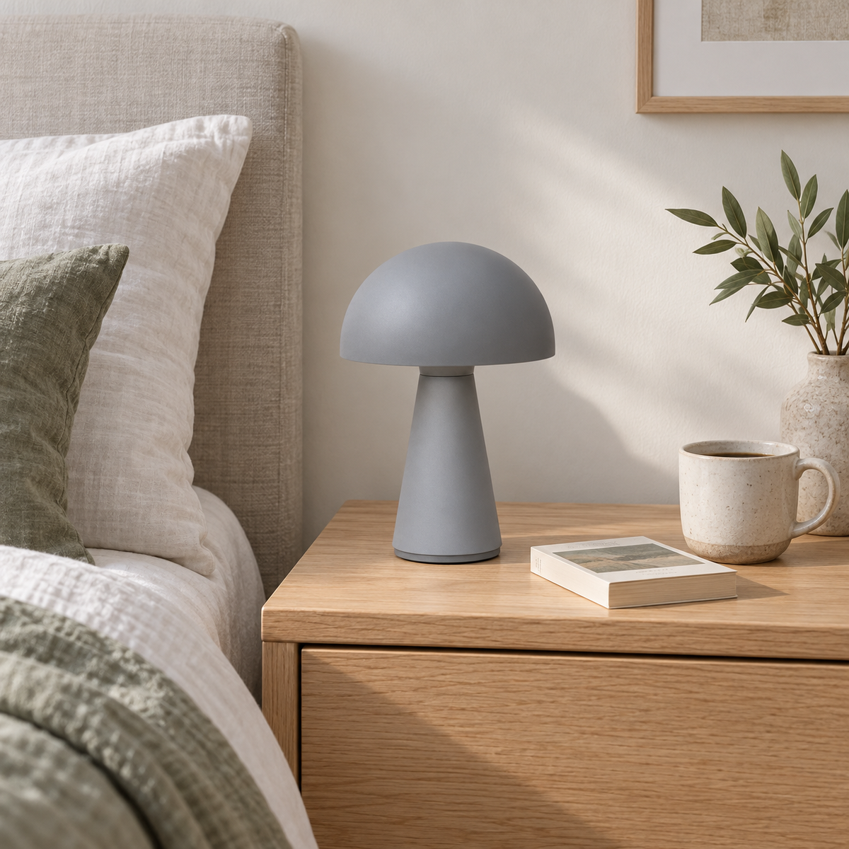 Generated bedside styling view of the compact grey rechargeable dome table lamp