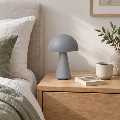 Generated bedside styling view of the compact grey rechargeable dome table lamp