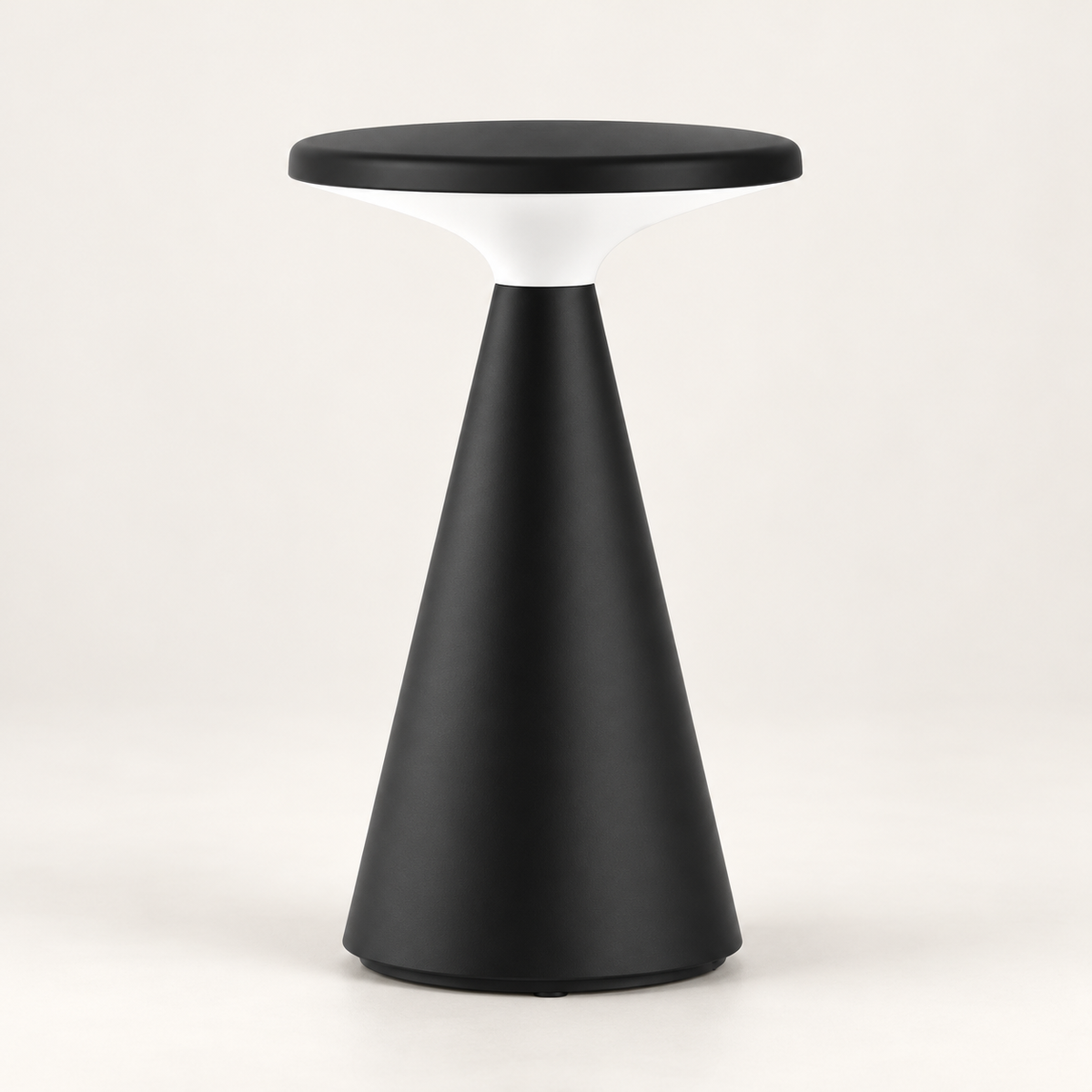 Black rechargeable disc table lamp with white concave diffuser