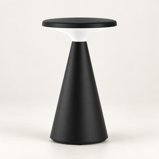 Black rechargeable disc table lamp with white concave diffuser