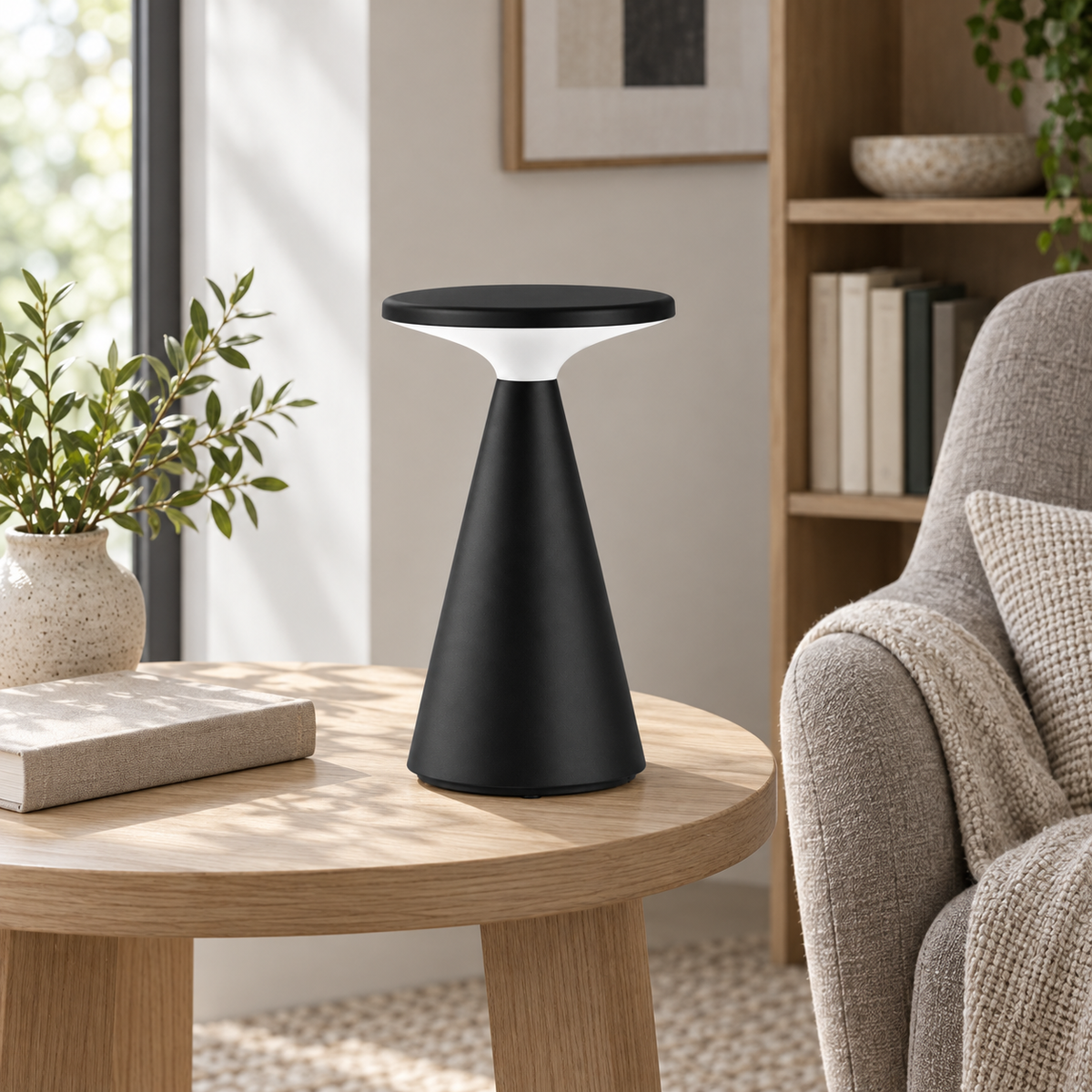 Illustrative reading-corner setting with the black rechargeable disc table lamp