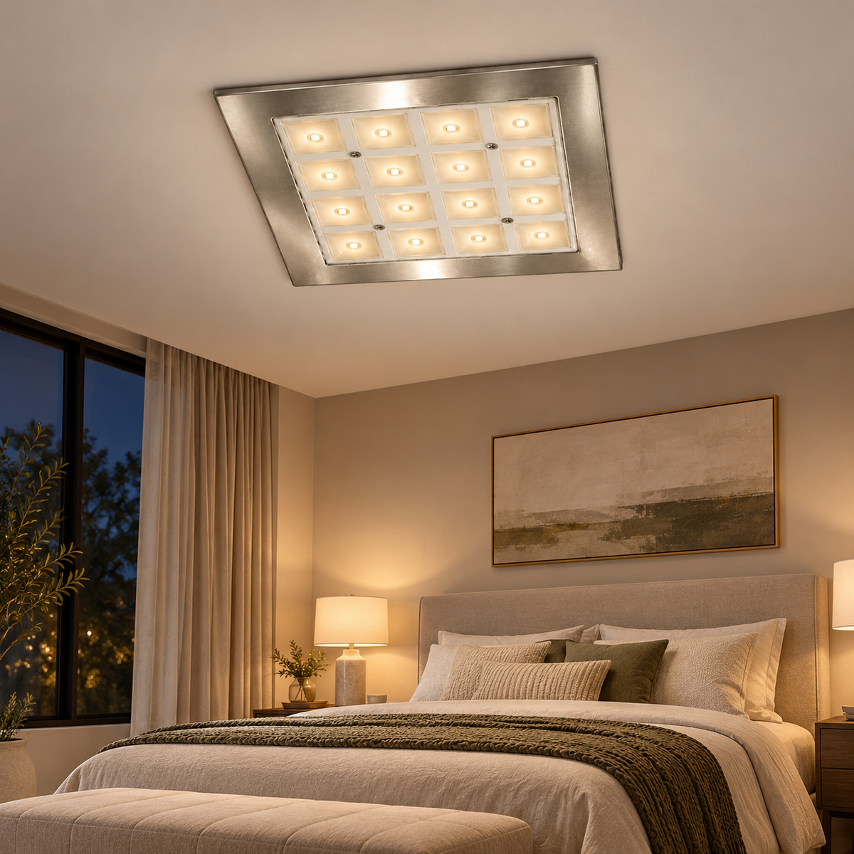 LV7005 16-module square ceiling light illuminated in a contemporary bedroom