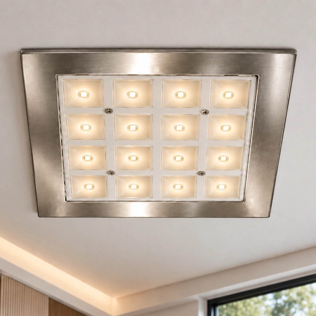 LV7005 16-module square ceiling light illuminated in a modern living room