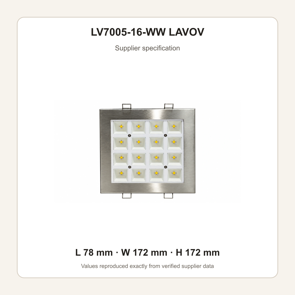LV7005 supplier specification card with verified L W H values