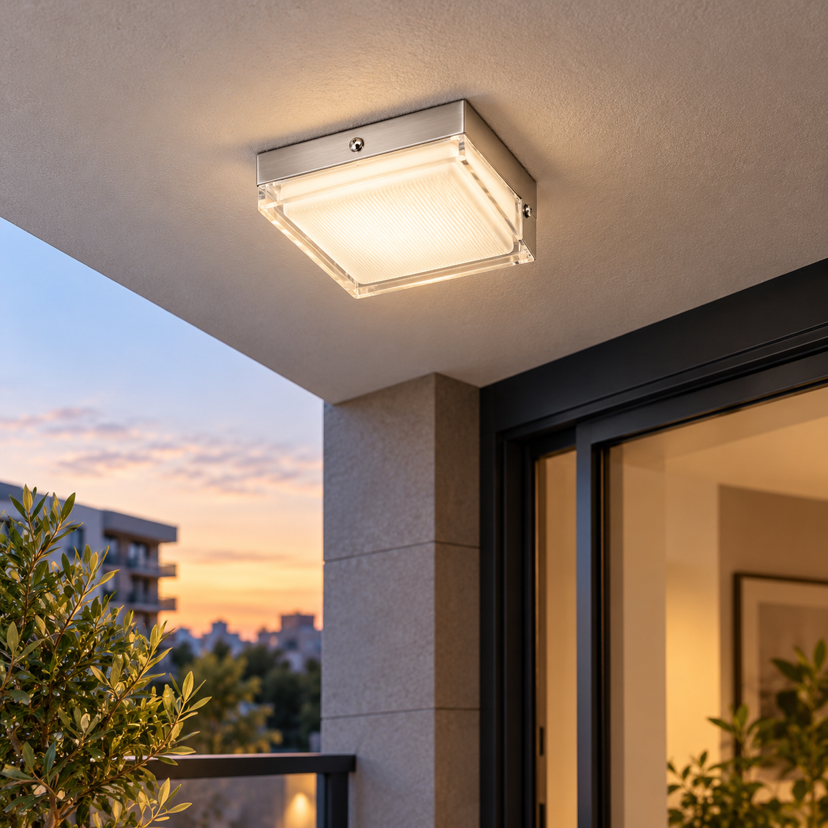 MT1967-2C square ceiling light in a sheltered balcony setting