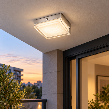 MT1967-2C square ceiling light in a sheltered balcony setting