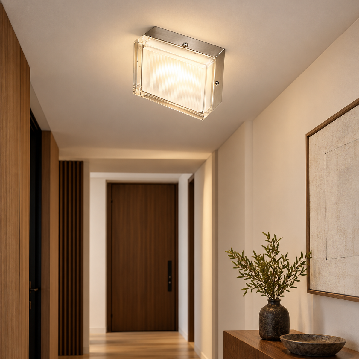 MT1967-2C square ceiling light illuminated in a modern passage